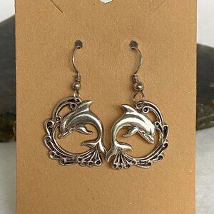 VTG Sterling Silver 925 VIMAR 1.60" Jumping Dolphin Wave Dangle Earrings Sealife